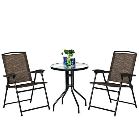 Costway 3PC Bistro Patio Garden Furniture Set 2 Folding Chairs Glass Table Top (Best Small Balcony Furniture)