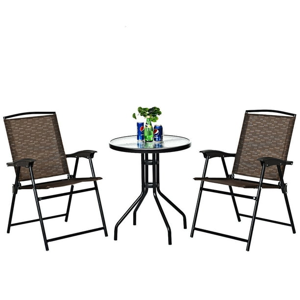 Costway 3pc Bistro Patio Garden Furniture Set 2 Folding Chairs Glass Table Top Steel Com - Folding Patio Table And 2 Chairs