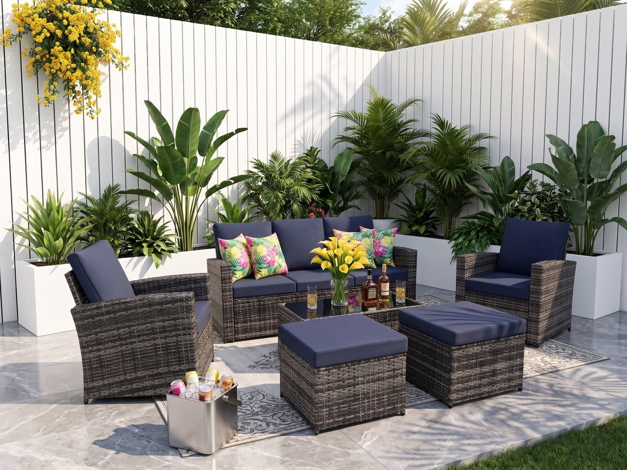 Howcool 6-Piece Patio Furniture Set,Wicker Outdoor Rattan Sectional Sofa with Cushions and Glass Table,All-Weather Outdoor Conversation Set for Garden,Porch,Backyard,Patio,Gray+Blue