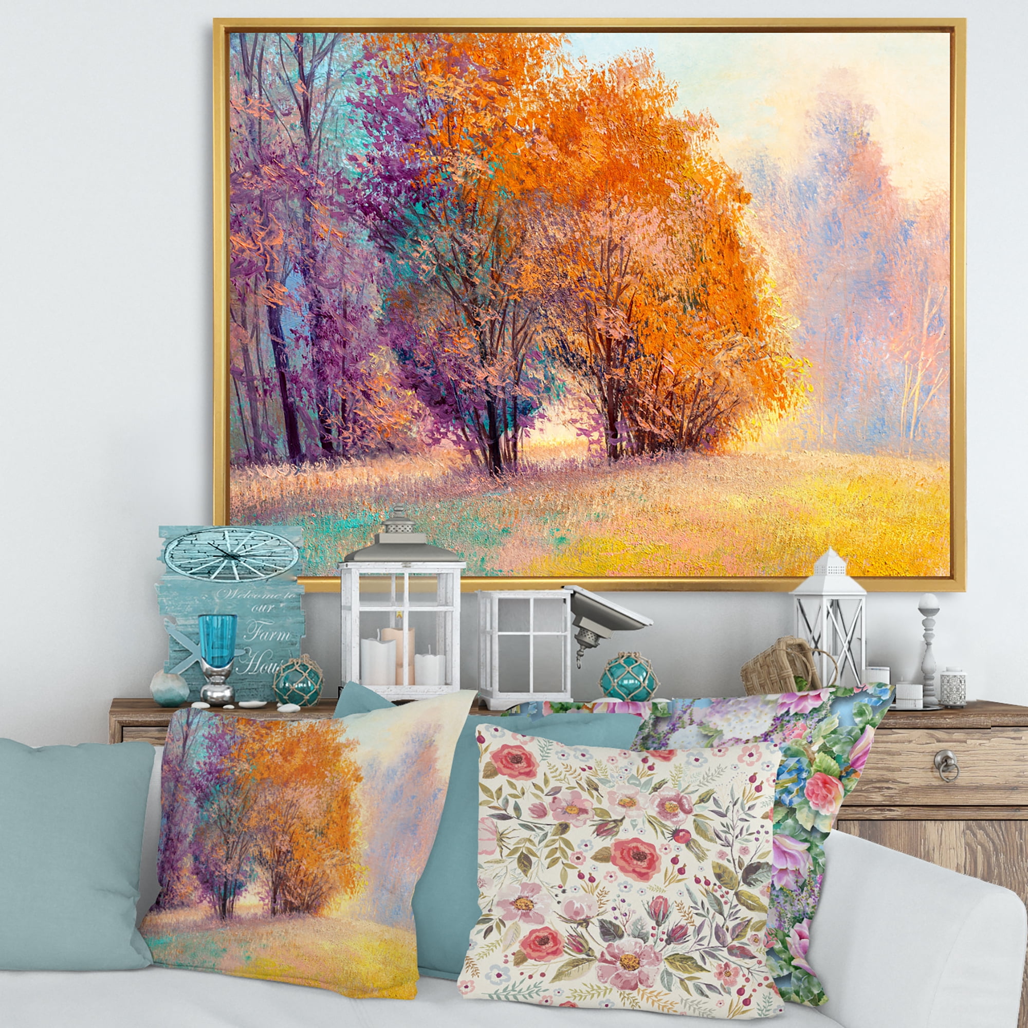 Designart 'Autumn Forest Orange Leaves Landscape' Lake House Framed Canvas Wall Art Print