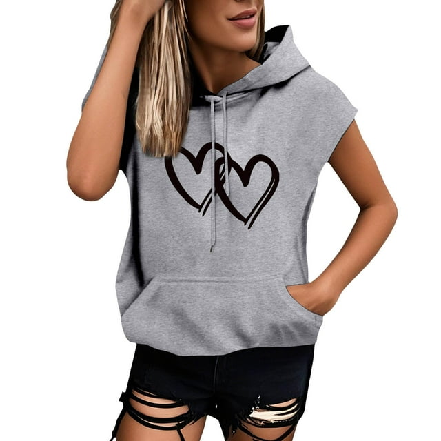 HNMKIU Débardeurs Femmes Grande Taille Mode Imprimé Sweat à Capuche Manches Courtes Blouse Ample