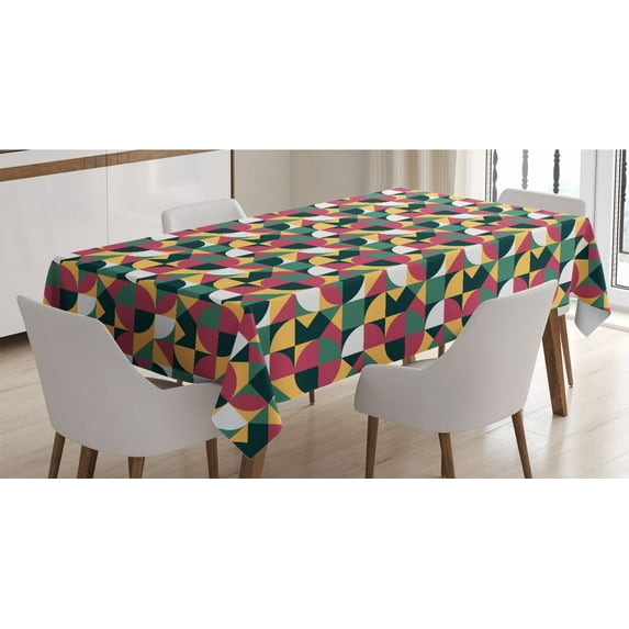 Geometric Tablecloth, Illustration of Colorful Circles and Triangles, Rectangle Satin Table Cover Accent for Dining Room and Kitchen, 60" X 90", Multicolor, by Ambesonne