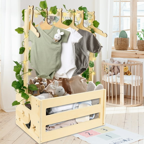 Grusce Wood Baby Shower Basket with Handle and 6 Clothes Hanger, Easy Assembly Wood Crate Box Baby Shower Crate Personalized Wooden Baby Gift Basket