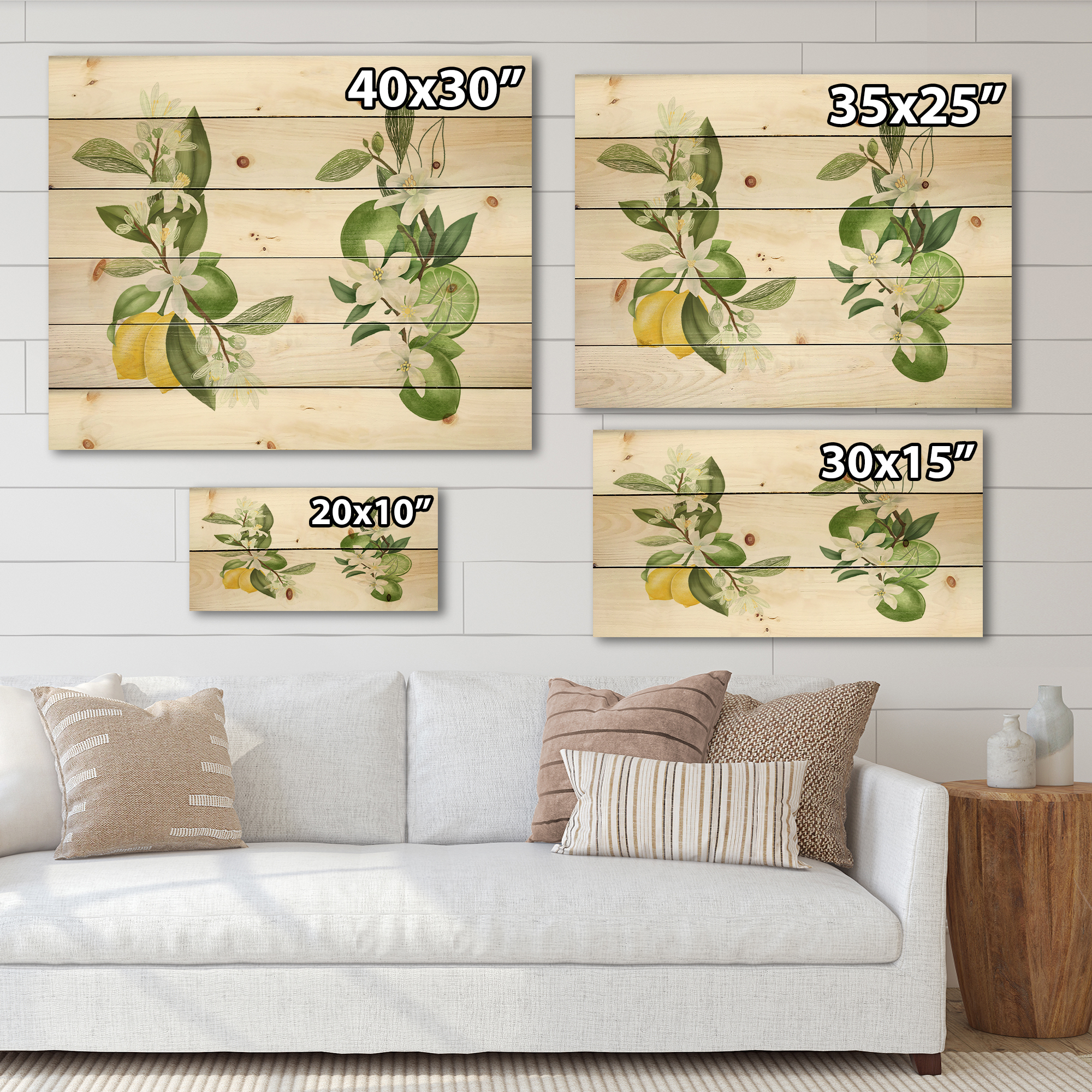 Designart 'Bouquets Of Blooming Lemon Tree Branches on White' Traditional Print on Natural Pine Wood