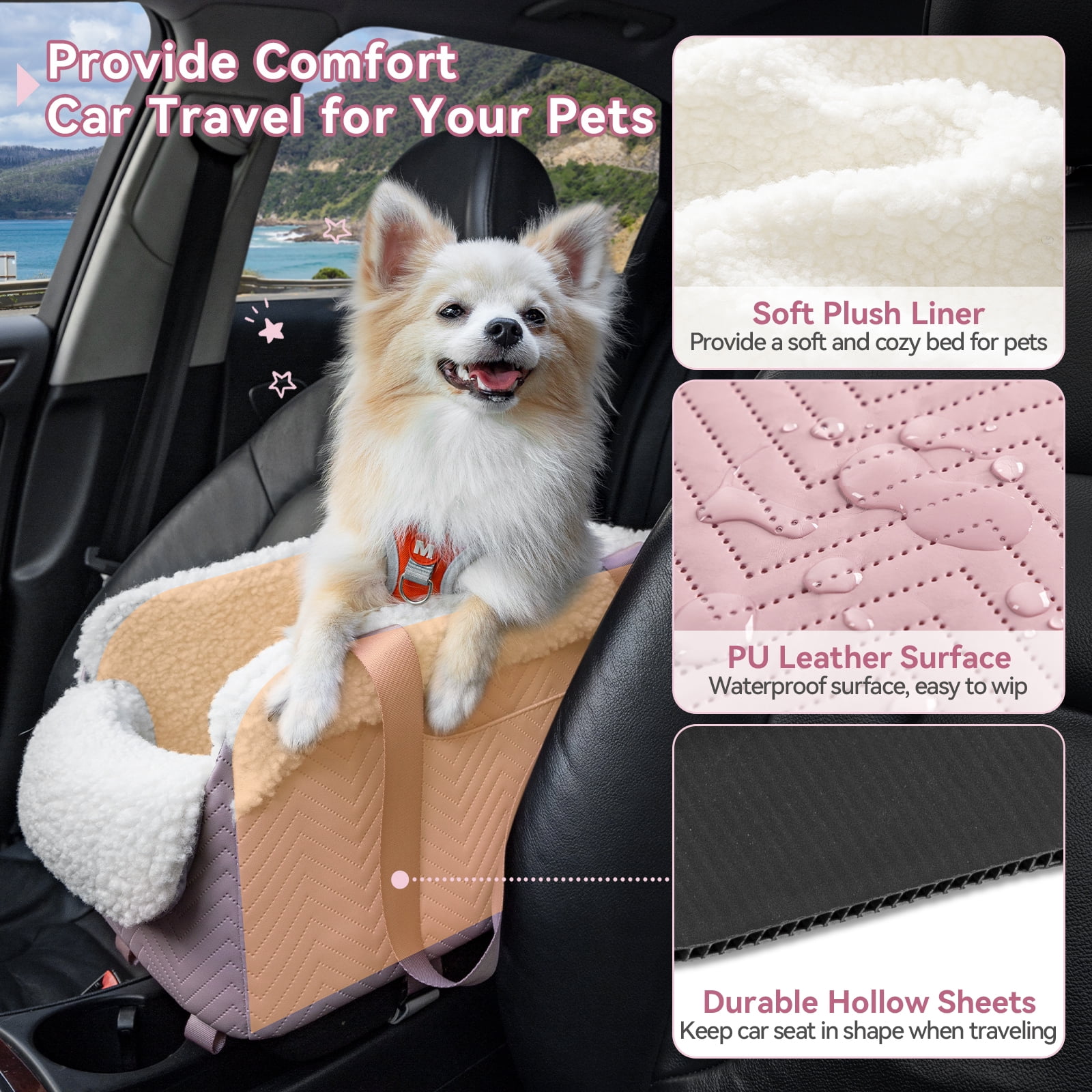PETSFIT Cat Car Seat, Portable Console Dog Car Seat with Safe Protective Hooks, Luxury Pet Car Seat, Dog Car Carrier Includes Safety Tether for Pets Up to 12 lbs (Pink)