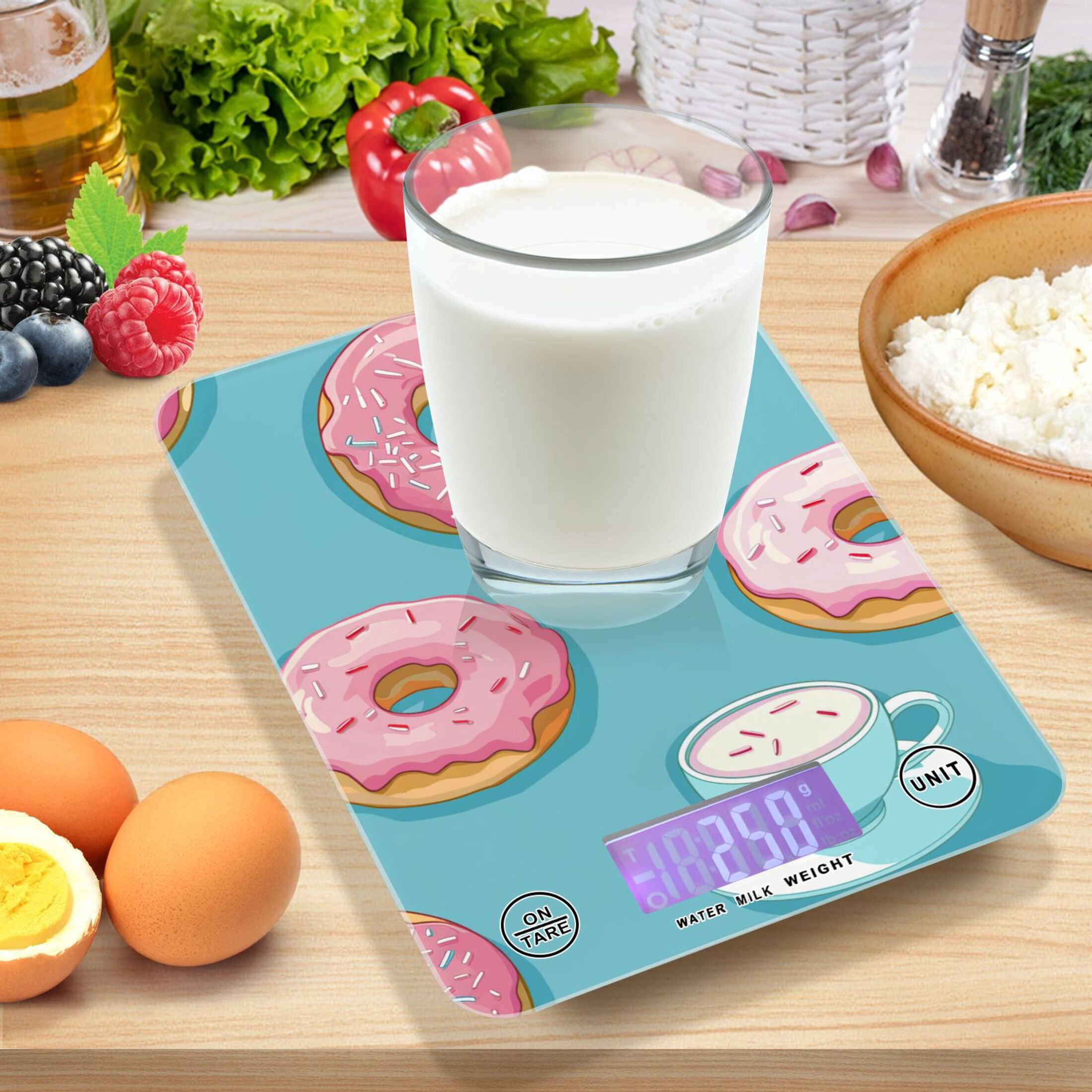 Donuts with Coffee Food Scale Digital Kitchen Scale Waterproof Tempered Glass Tare Function 11 lb for Baking Cooking Meal Prep