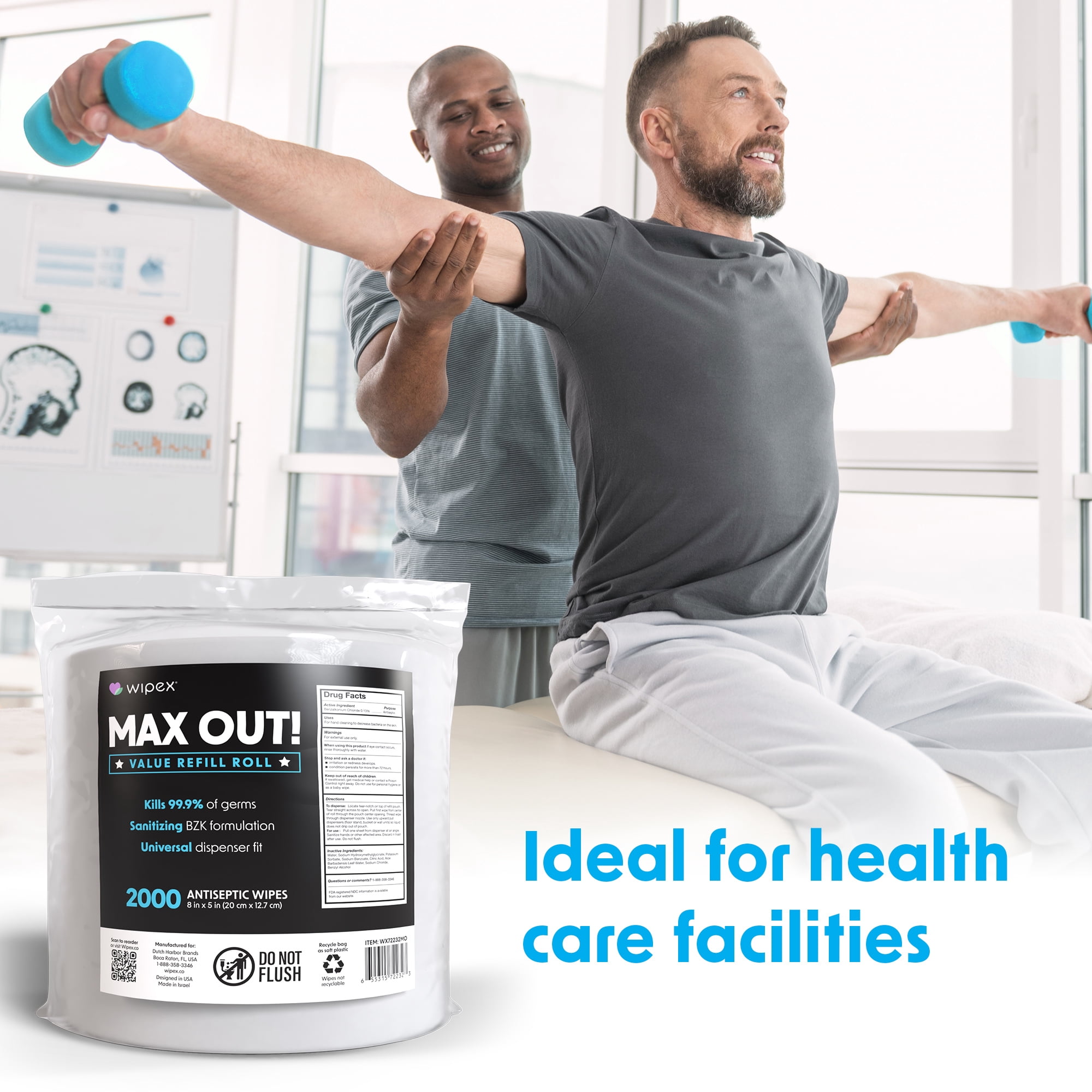 Wipex Max Out Sanitizing Gym Wipes Refill Roll, 2000 Count, 5" x 8", Commercial Dispenser Wipes for Fitness Centers, Schools, Offices & Public Facilities
