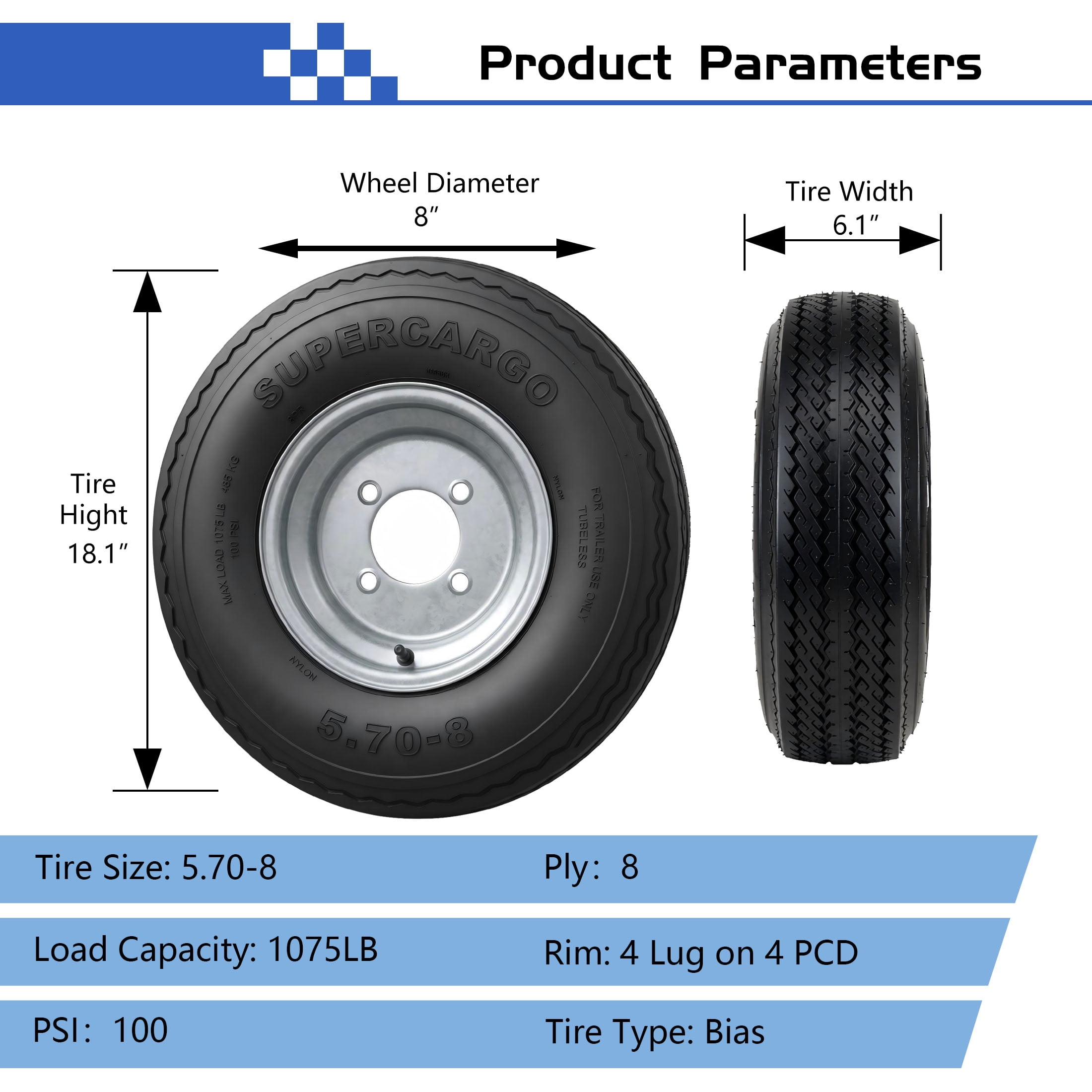 SUPER CARGO 2 Set SU02 5.70-8 8PR Boat Trailer Tire and 4-Lug Galvanized Wheel Assembly