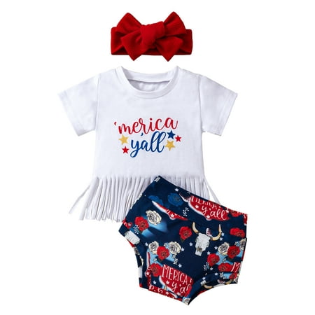 

4th of July Baby Girls Outfits 3M 6M 12M 18M 24M Summer Letter Print Short Sleeve Tassel T-Shirt Floral Shorts Headband Set
