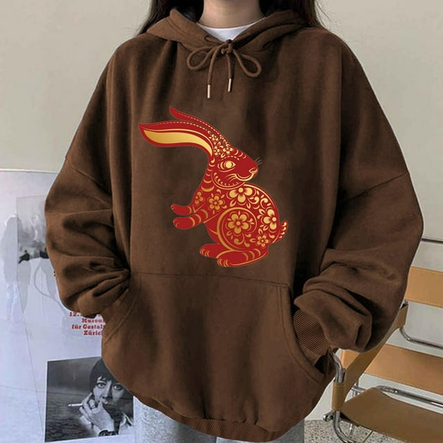 Tenues d'Hiver Mode Décontractée pour Femmes Nouvel An Imprimé Blouse à Manches Longues avec Poche Chandail Mignon pour Adolescentes en Liquidation