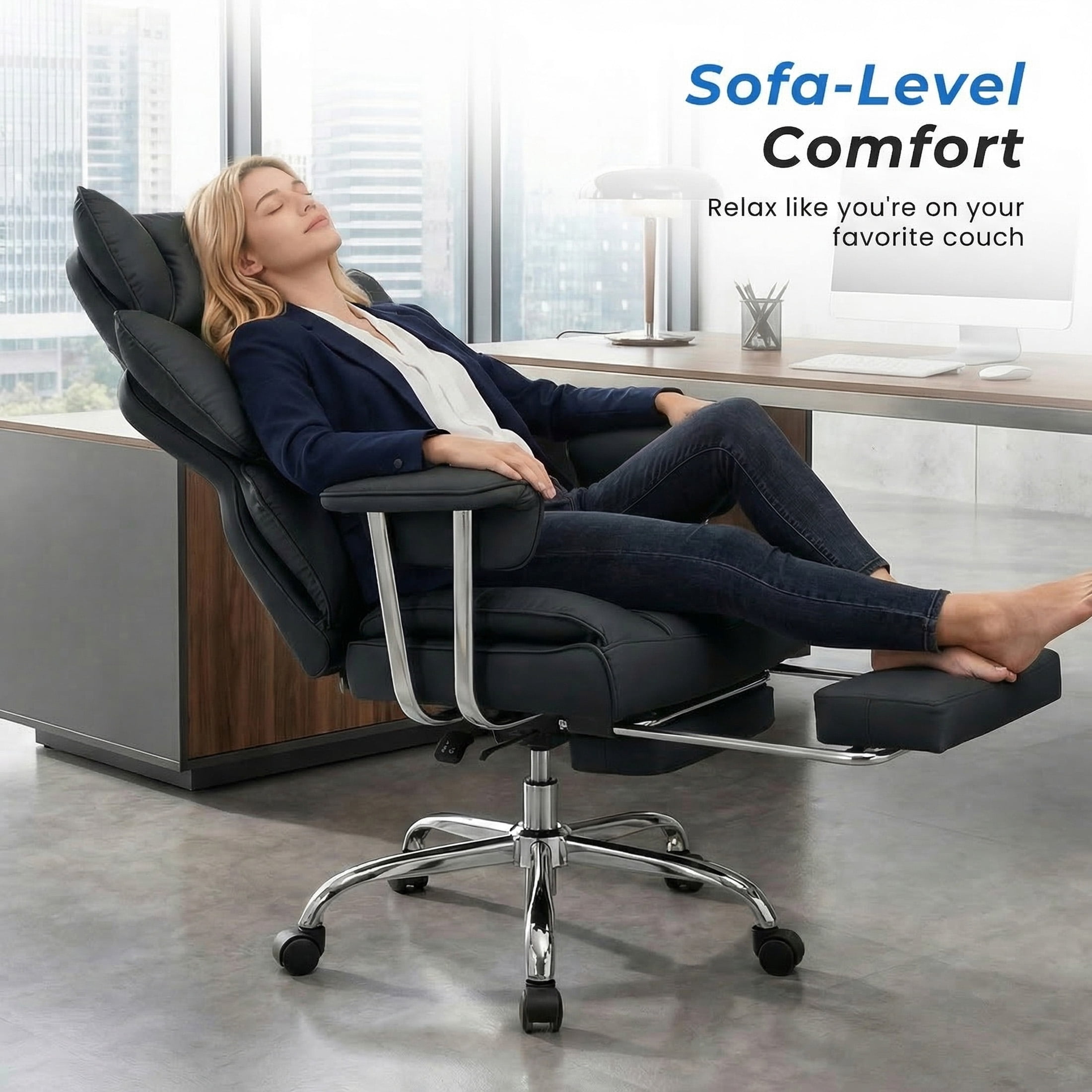 EDX Big and Tall Office Chair, Ergonomic PU Leather Executive Computer Chair with Footrest, Pocket Spring Support, 350 LBS Capacity, For Home Office, Black