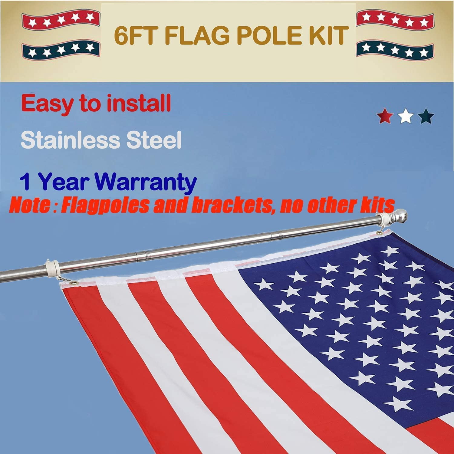 DIIG 6FT Flag Pole Kit For American Flag, Stainless Steel Rustproof FlagPoles And Mounting Bracket For Outdoor Residential House Garden Yard Truck-Silver Color