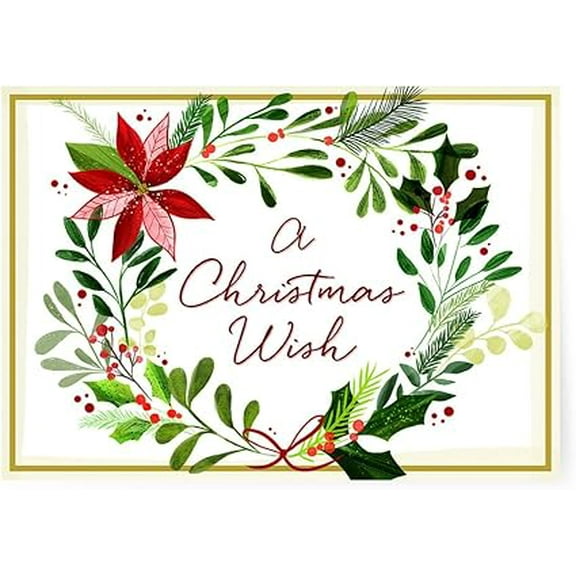 Designer Greetings A Christmas Wish: Wreath of Vines, Leaves, Holly and Poinsettia Box of 15 Christmas Cards