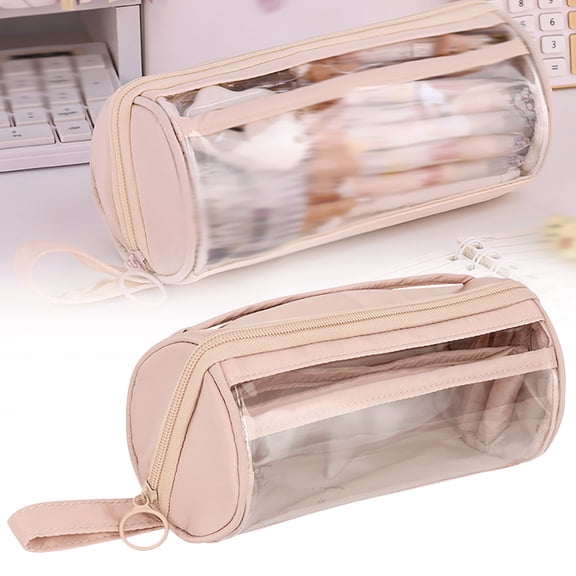 HandyHome 1pc Clear Cylinder Pencil Case, Large Pencil Pouch with Handle, Wide-Mouth Pencil Bag with Multi Pockets, Easy to Access, Organized Storage, Multi Purpose Stationery Organizer, Beige