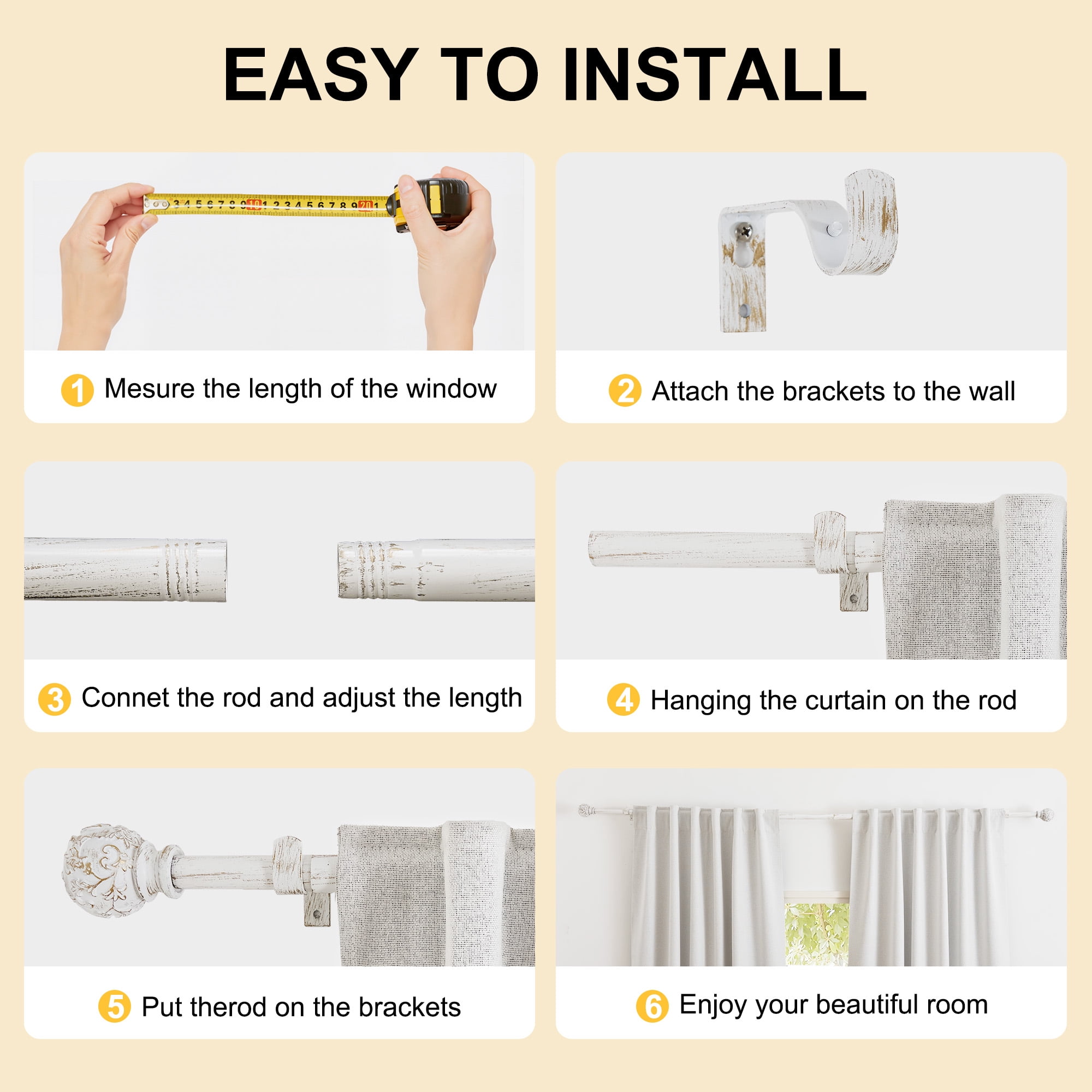 NICETOWN 1" White Curtain Rods, Adjustable Length 48 to 84 inch, Suitable for Living Room & Bedroom Curtains, White, Set of 1