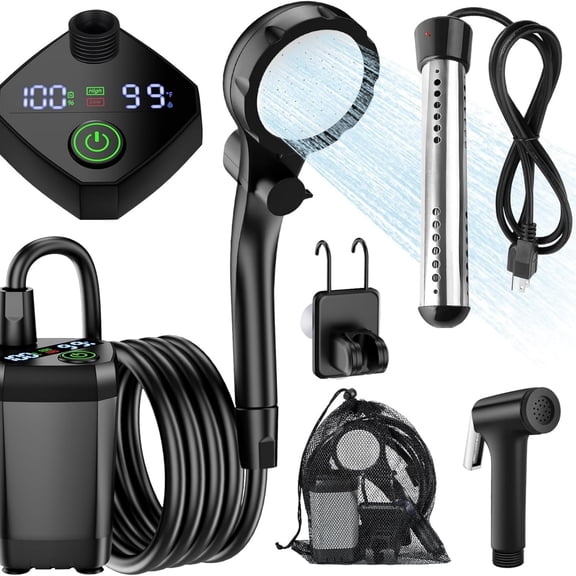 Portable Camping Shower with Heater, Long-Lasting 6000mAh Rechargeable Camping Shower with Sprayer Head,4 Spray Modes,IPX7 Waterproof Outdoor Camp Pump for Hiking, Travel, Car, Pet