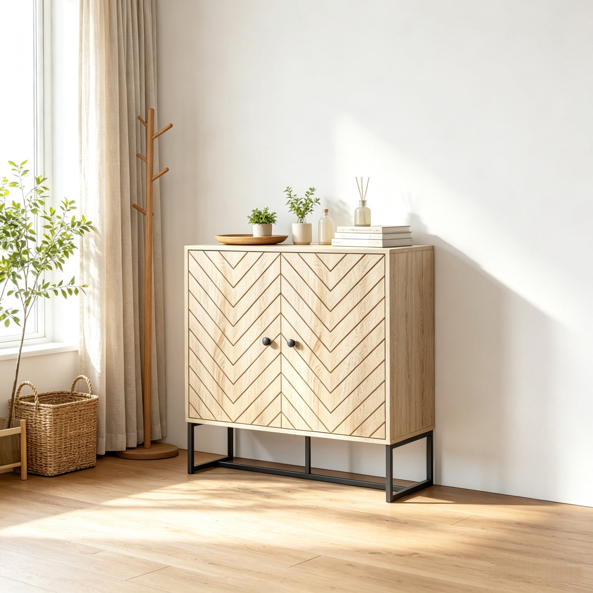 31.5" Modern Buffet Cabinet, Adjustable Shelf, Steel Base, 2 Chevron Doors Sideboard