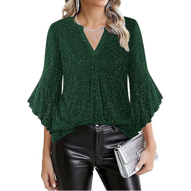Ounisa Womens 3/4 Ruffle Sleeve Sparkly Tops Sequin V Neck Blouses Dressy Casual Fall Shirts