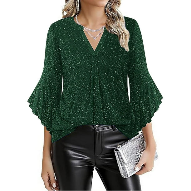 Ounisa Womens 3/4 Ruffle Sleeve Sparkly Tops Sequin V Neck Blouses Dressy Casual Fall Shirts