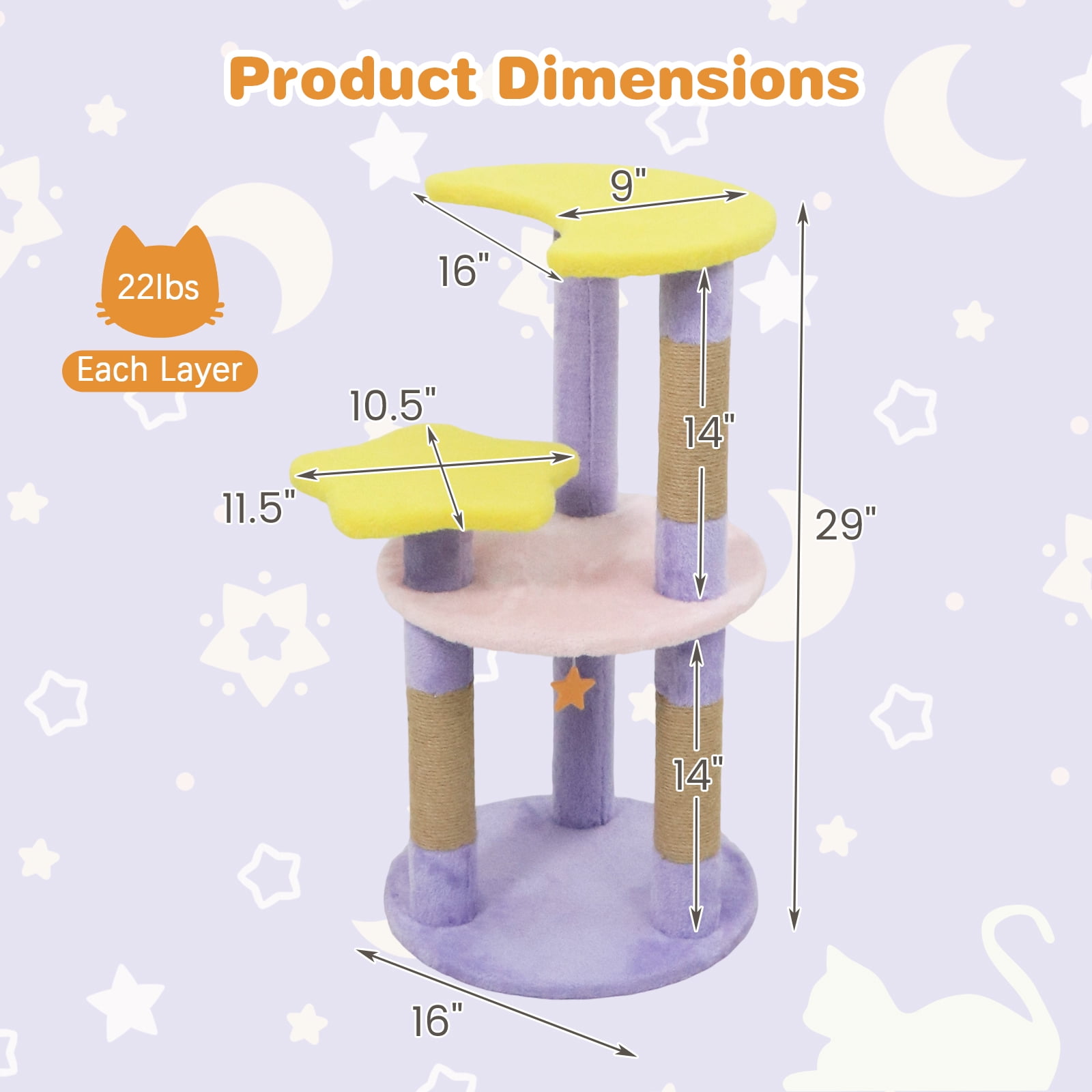 Costway 29” Cute Modern Cat Tree with Star & Moon Shaped Platforms, Jute Scratching Posts Purple