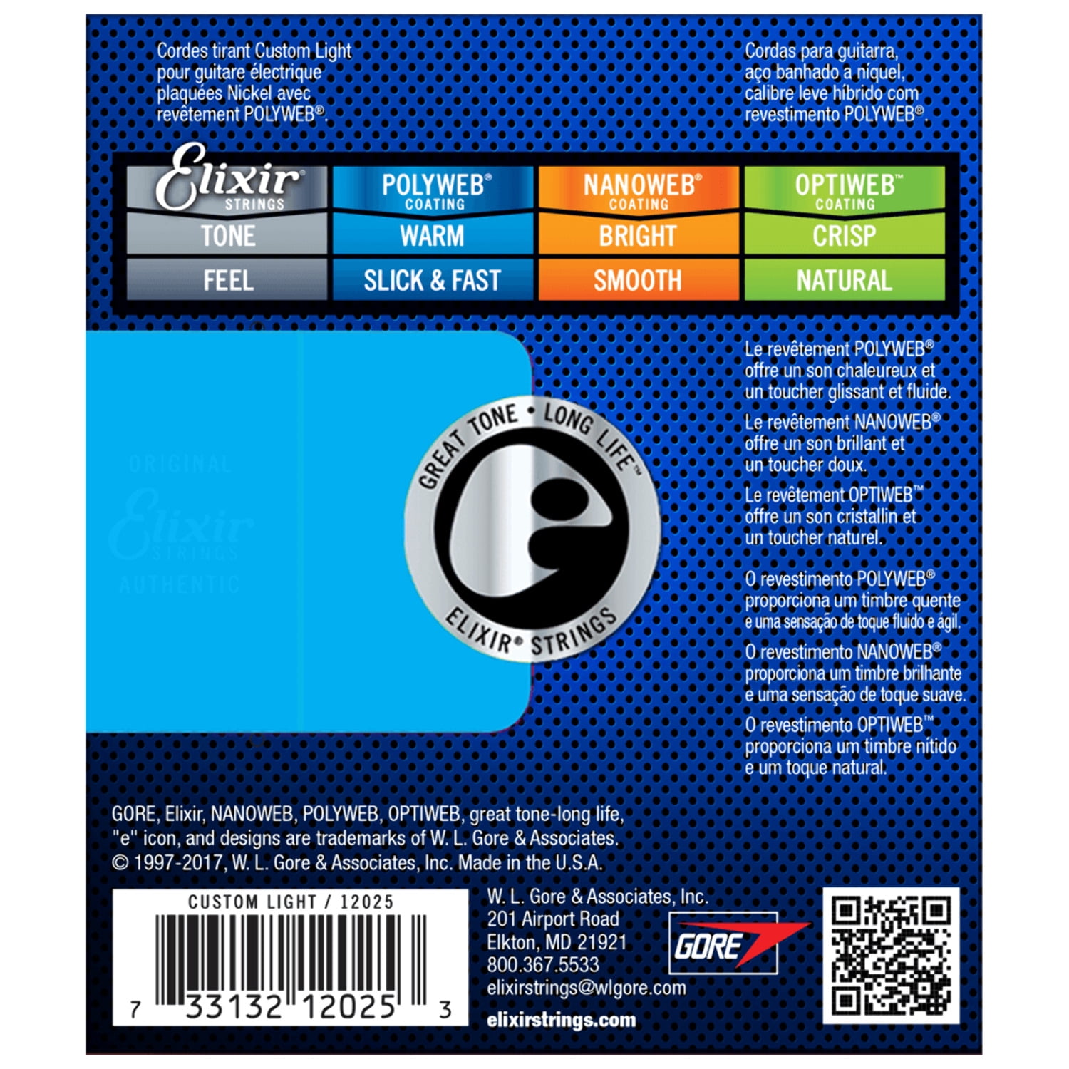 Elixir Nickel Plated 12025 Electric Guitar Strings, Nanoweb Cust.Light .009-.046