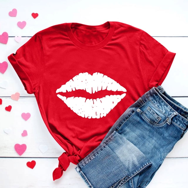 KIHOUT Hauts de Mode pour Femmes Saint-Valentin T-shirt à Manches Courtes Imprimé Amour Couleur Unie Haut à Manches Courtes Col Rond, Taille p-3TG
