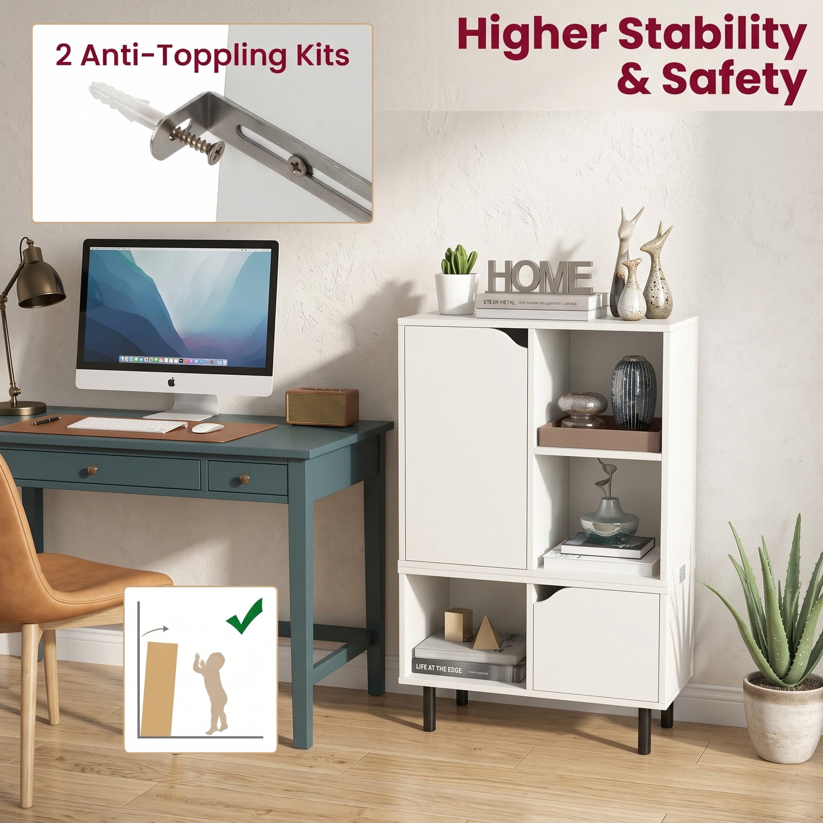 Furnibear Stackable Bookcase with Adjustable Shelf and Storage Cubes, Modern Wood Bookshelf with Enclosed Cabinet and Open Cube Display for Living Room Bedroom, White