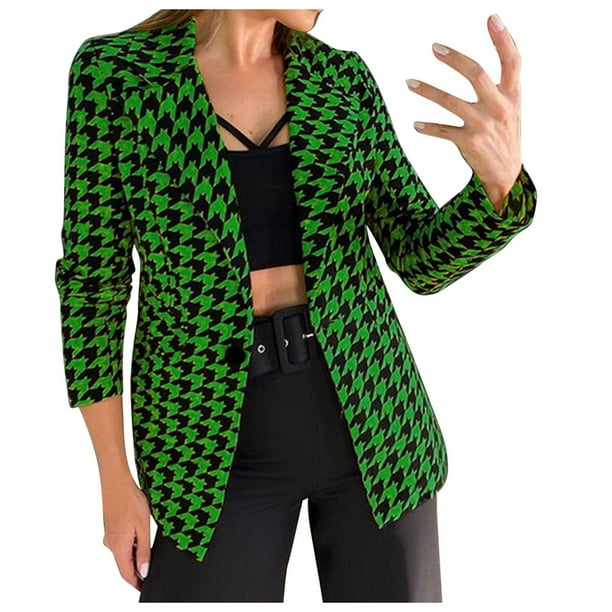 Chaqueta Elegante Mujeres Casual Vintage imprimir single Button lapel manga larga Slim traje temperamento Cardigan Coat para las damas de oficina,blazer moda(Verde, L)