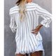 thumbnail image 3 of Camisa a rayas con cuello en V para mujer, manga larga, holgada, informal, ajustable, cómoda, para uso diario, fecha, vacaciones, trabajo, blanco XL, 3 of 5