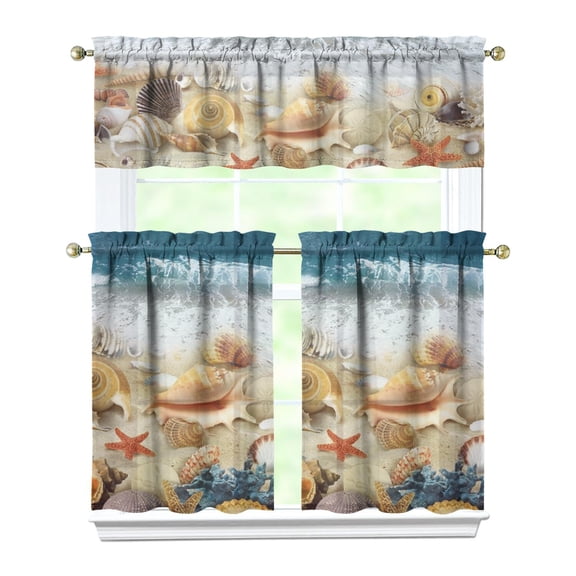 Fish Coral Sea Kitchen Curtains Set Starfish Nautical Beach Tropical Summer Marine Creatures Ocean Anchor Seahorse Seashells Mermaid Seaside Sand Vintage Tier and Valance Rod Pocket Curtain