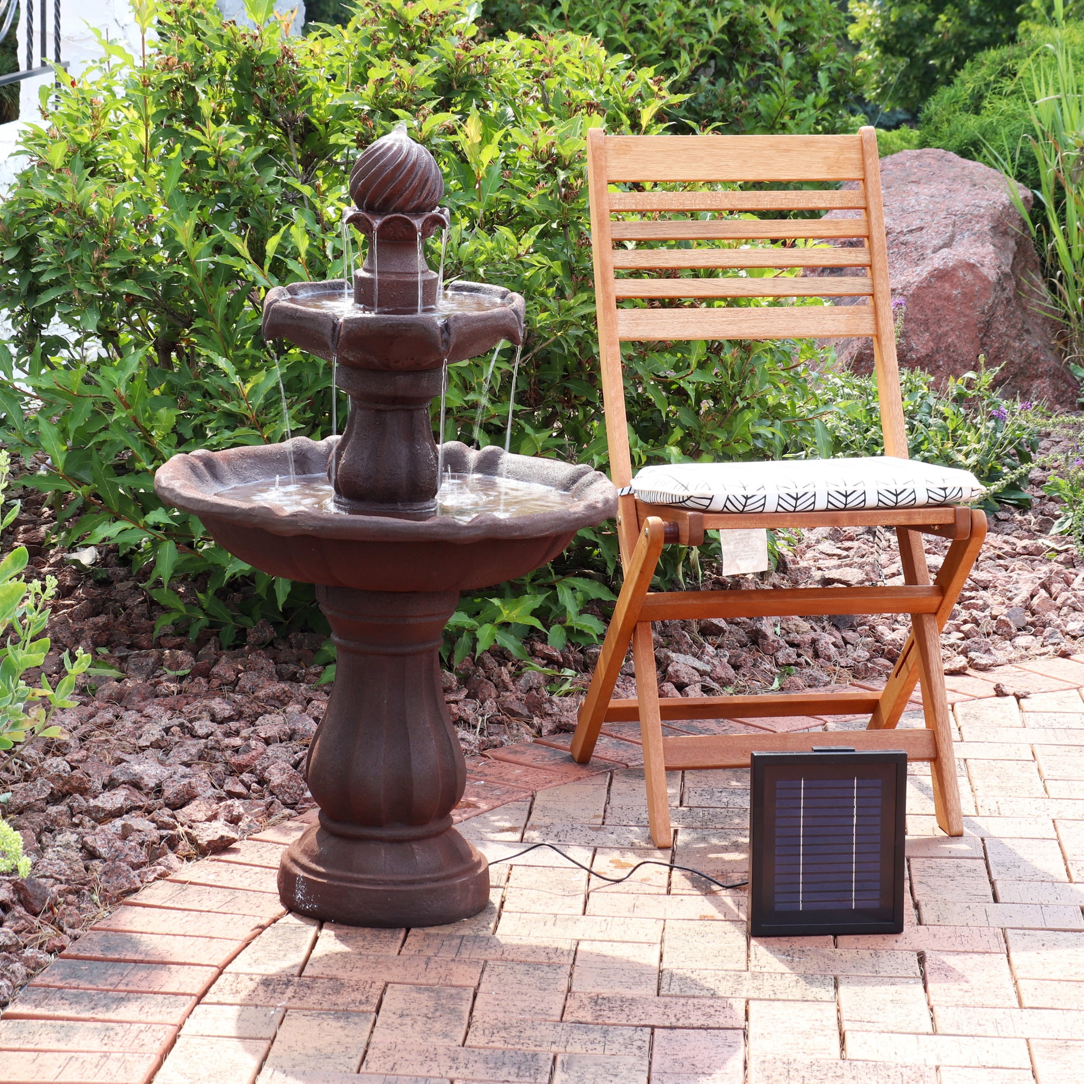 Sunnydaze Traditional Rust Resin 2-Tier Solar Fountain with Battery