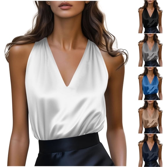 Tbopshirt Womens Tank Tops Plus Size Silk Satin Deep V Neck Solid Color Casual Camisoles Sleeveless Business Work Spaghetti Strap Summer Shirts,L
