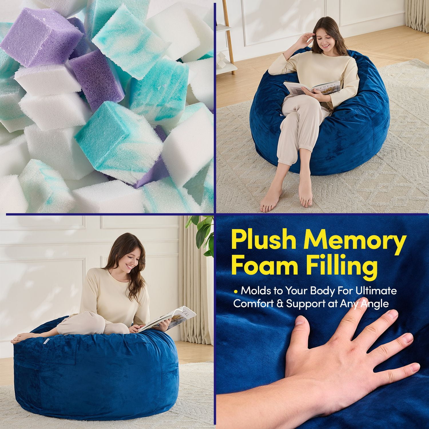 3FT Bean Bag Chair, Adults Foam Round Big Sofa Bean Bag for All Ages, Removable Velvet Cover, Navy Blue