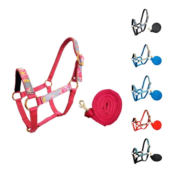 Tahoe Tack Patterned Nylon Mini Horse Halters with Padded Noseband and Matching 7’ Soft Grip Lead Rope - 6 Month Warranty