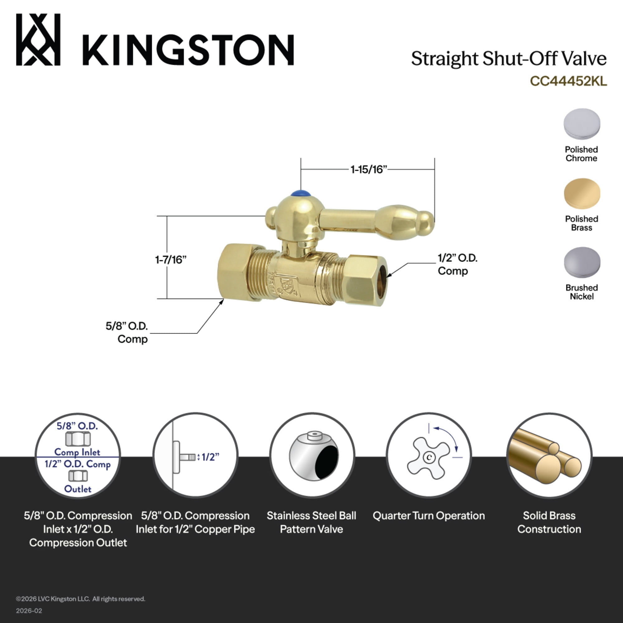 Kingston Brass CC44458KL 5/8-Inch O.D. Comp x 1/2-Inch O.D. Comp Quarter-Turn Straight Shut-Off Valve in Brushed Nickel