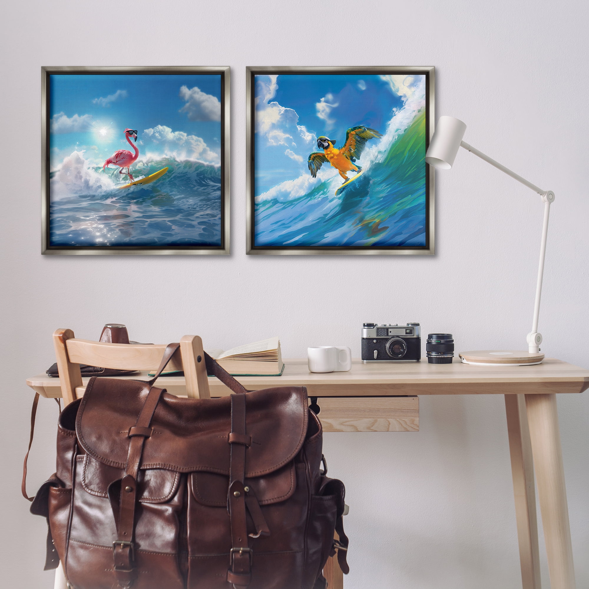 Stupell Industries Parrot & Flamingo Surf Nautical & Beach Painting Gray Floater Framed Canvas Art Print Wall Art, 25 x 25, Set of 2