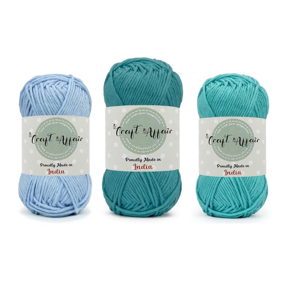 Craft Affair | 8Ply Cotton Crochet Yarn Pack of 3 (Each Color 2mm, 77Meter, 50Gram) 100% Pure Cotton | For Knitting Yarn | Craft & DIY Project: Denim Blue, Firozi Blue, Water Blue