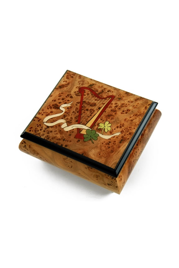 Irish Music Box W. Celtic Harp, Green Clovers & Ribbon - Glockenspiel (Magic Flute)
