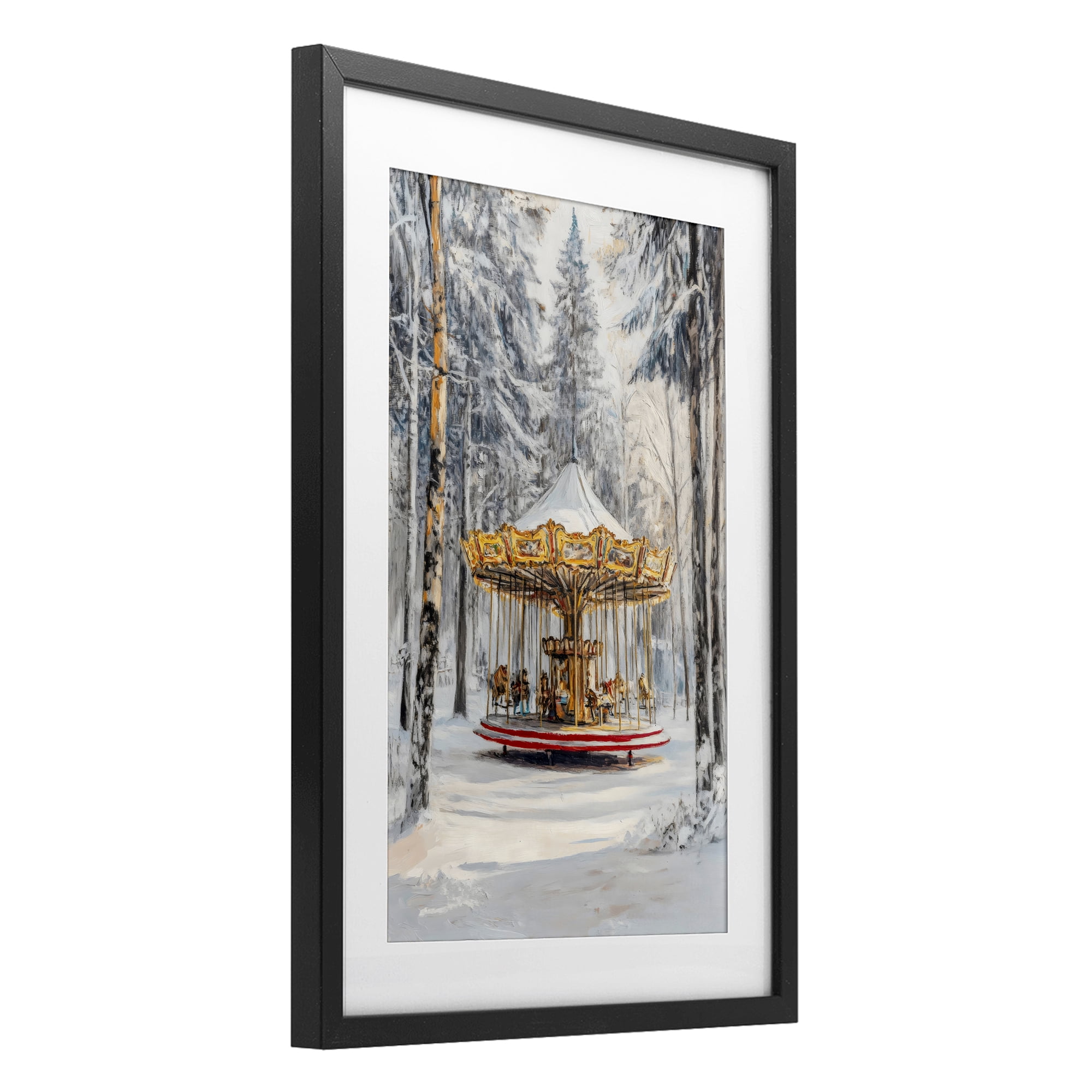 Winter Wonderland Carousel Black Framed Print Under Glass, design by Petal Prints Design