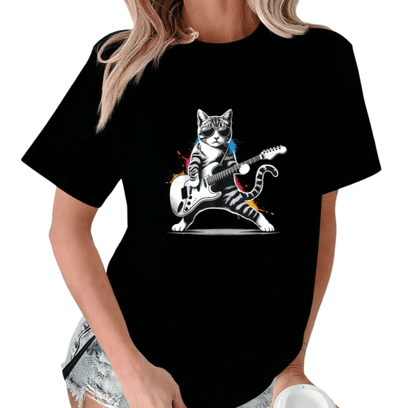 Black Print Tshirt Graphic Tees Shirts Rock Cat Guitarist Daily Casual Street Style Cat Humor Tops S-5XL Tops