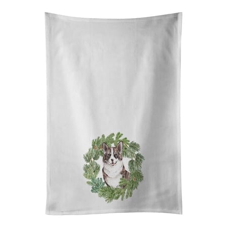28 x 19 in. Unisex Corgi Brindle Christmas Wreath White Dish Towels Kitchen Towel - Set of 2