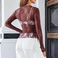 thumbnail image 3 of KDDYLITQ Mesh Tops for Women Long Sleeve Sheer Sexy Undershirt Mock Neck Floral Lace See Through Shirts Purple M, 3 of 6