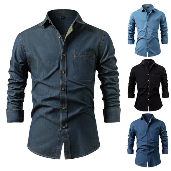 YOIAVAIOY Denim Button Down Shirt Men Regular Fit Long Sleeve Business Casual Dress Shirt Formal Office Shirts