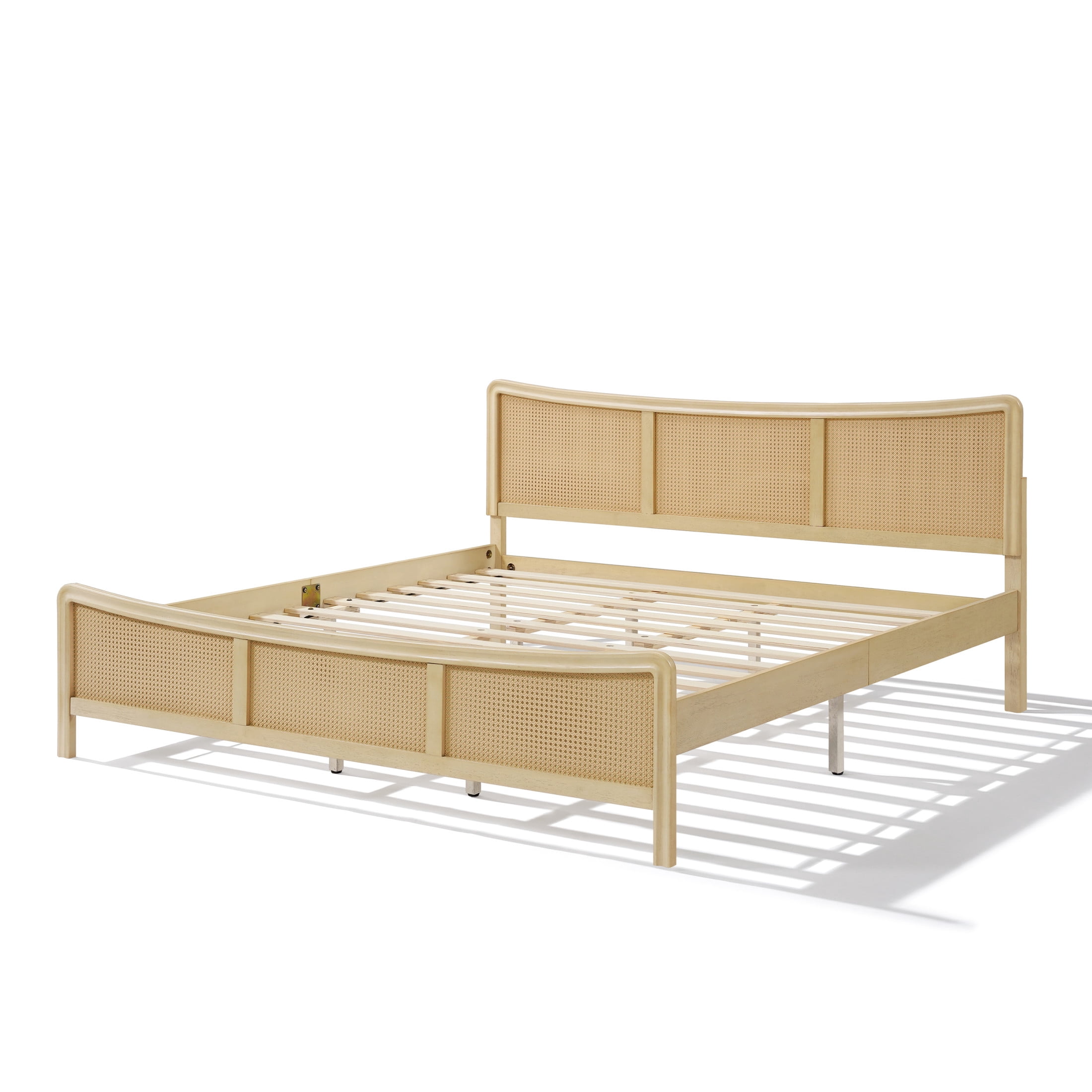 Christopher Knight Home Rattan King Bed Frame with Adjustable Headboard, Solid Wood Frame, Antique White