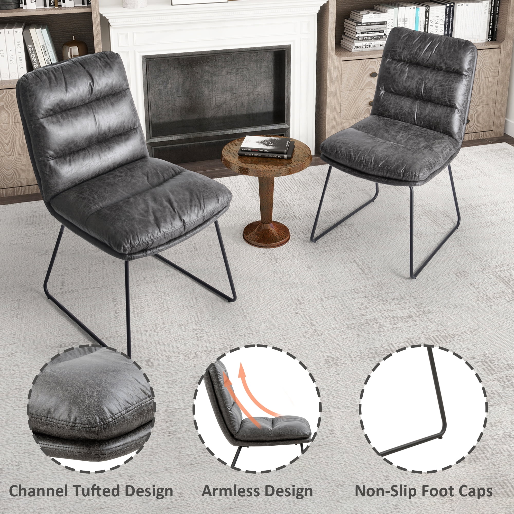 Ensemble de 2 fauteuils d'appoint sans accoudoirs Homy Casa pour salon, revêtement en similicuir capitonné, gris