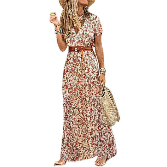 Womens Boho Floral Belted Short Sleeve Maxi Dress Sunmmer Holiday Loose ...