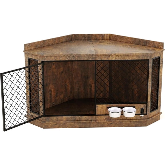 Rugerasy 51.3 Inch Corner Dog Crate Furniture with 360° Rotary Feeder,Wooden Dog Kennel End Table & TV Stand with Metal Mesh for Small Medium Large Dogs,Space-Saving,Retro Brown