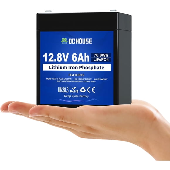 DC HOUSE 12V 6Ah Mini Lithium LiFePO4 Deep Cycle Battery, 3000+ Cycles Lithium Iron Phosphate Rechargeable Battery for UPS, Lighting, Power Wheels, Fish Finder and RV, Built-in BMS