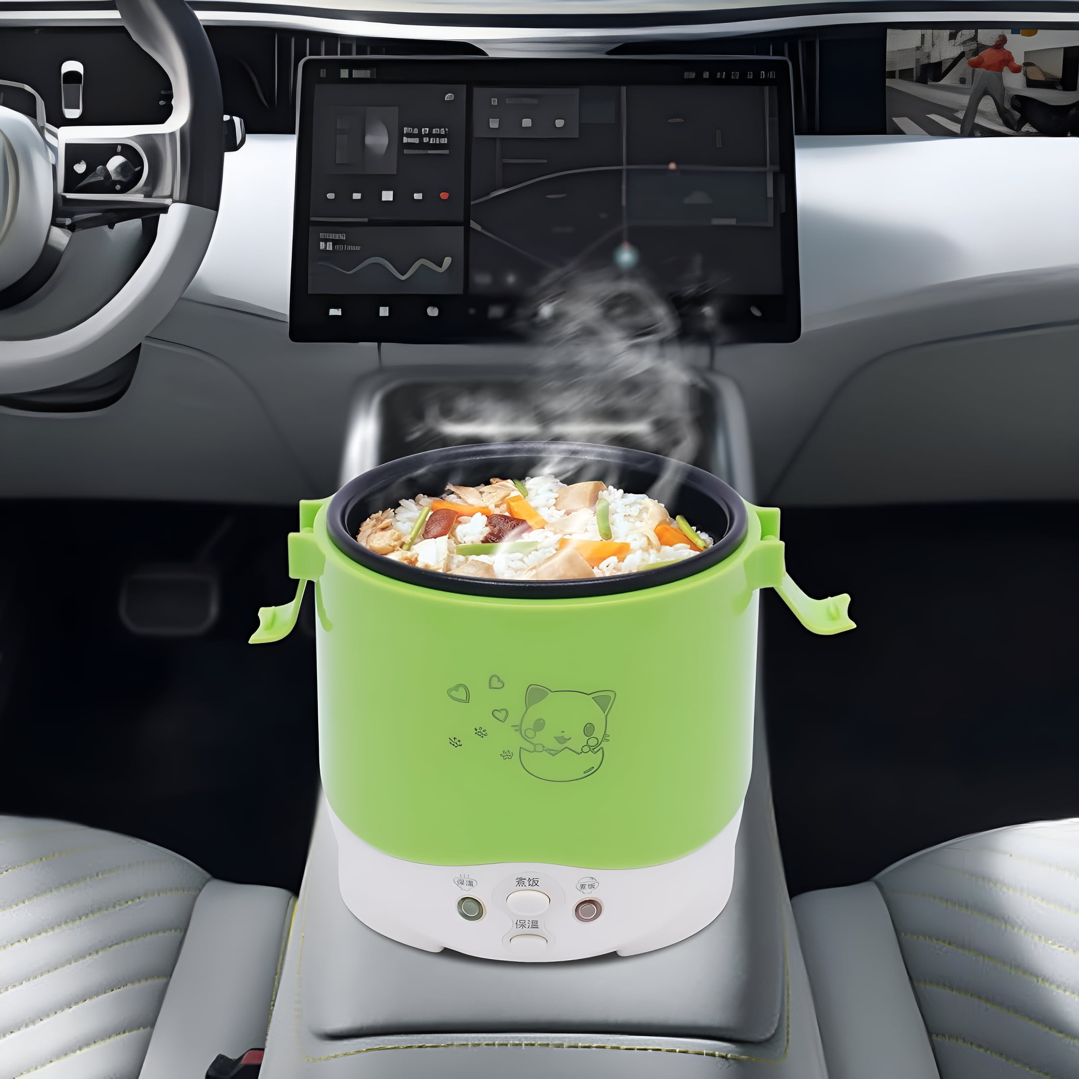 HIBIBUD 12V Mini Rice Cooker Steamer 1 Cup,Portable Easy Operation Well Insulated 1-2h Non-stick Rice Maker Food Steamer with Handle and Spoon for Car Home (Green)