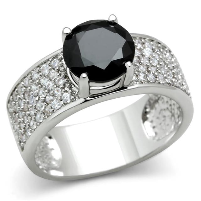 Alamode 3W145-7 Women Rhodium Brass Ring with AAA Grade CZ in Jet - Size 7